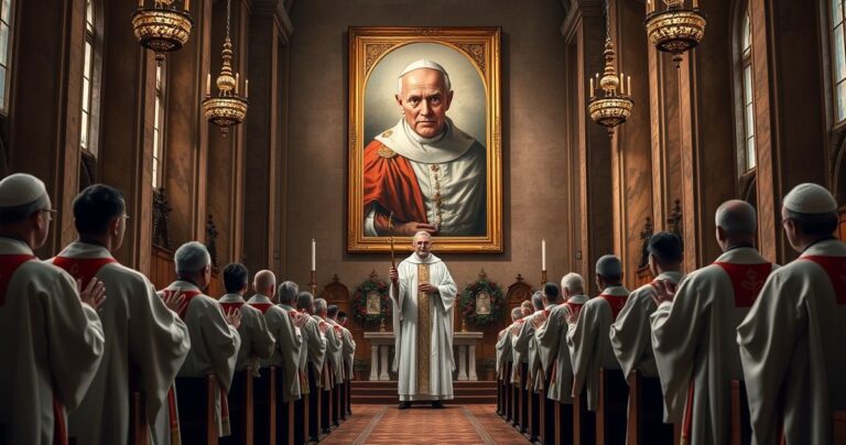Smutny obraz katolickiego kościoła z duchownymi i portretem heretyckiego papieża, ukazujący zdradę i modernistyczną herezję