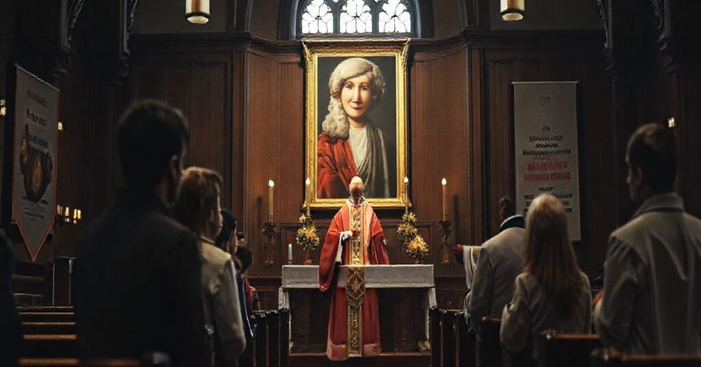 Scena w tradycyjnym wnętrzu kościoła katolickiego przedstawiająca modernistycznego 'biskupa' w nieważnej szacie kościelnej udzielającego 'bierzmowania' młodzieży z obrazem Heleny Kmiec na tle, ukazującą zdradę tradycji katolickiej.