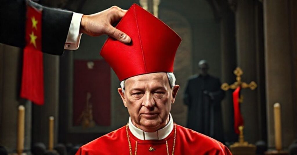 Ręka kładzie czerwony komunistyczny kapelusz na głowę biskupa w katedrze z flagą Chin i złamanym krzyżem w tle.