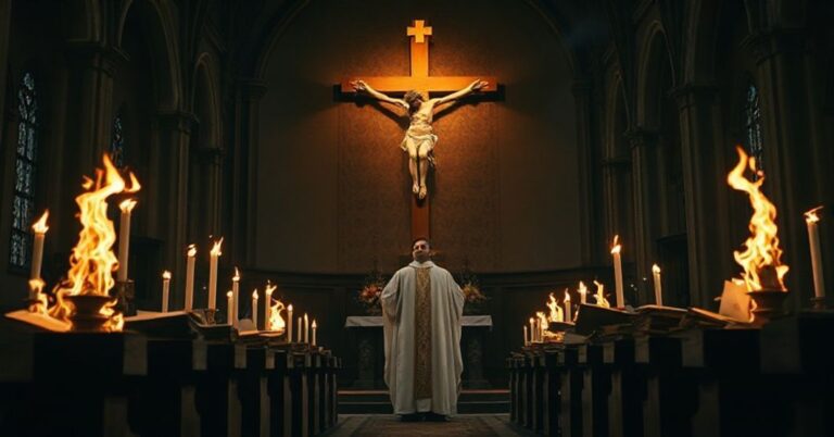 Tradycyjny katolicki obraz przedstawiający ks. Przemysława Krakowczyka przed krzyżem, z palącymi się w tle modernistycznymi dokumentami heretyckimi.