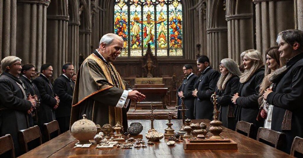 Kardynał w tradycyjnym stroju kościelnym przekazuje artyfakty misyjne modernizatorom w kościele
