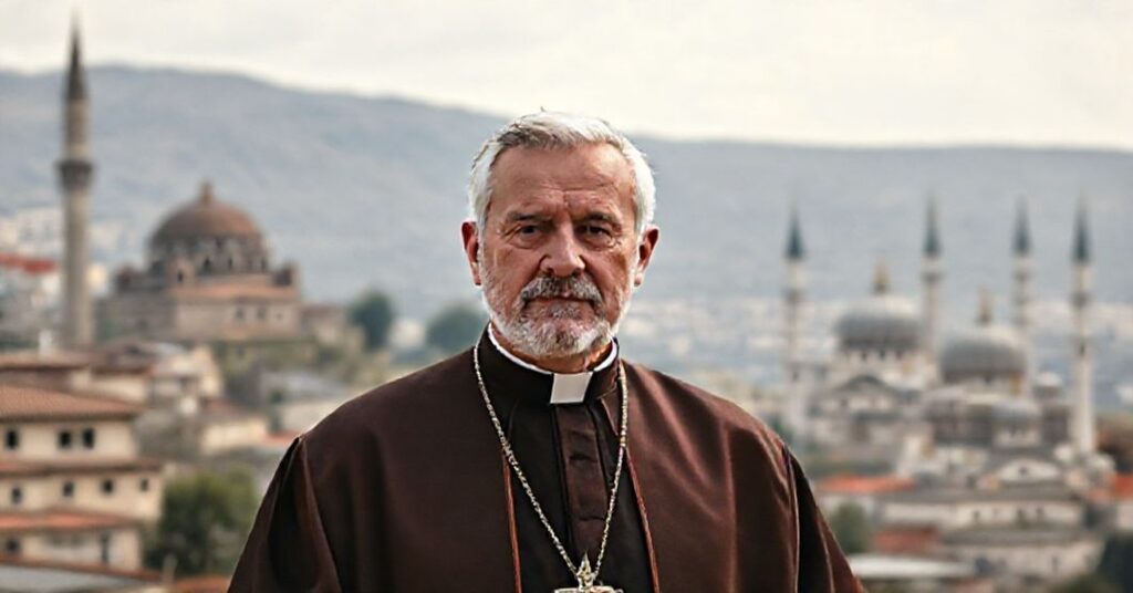 Portret Angelo Roncalliego (fałszywego papieża Jana XXIII) w tureckim krajobrazie, symbolizujący jego zdrady misji Kościoła.