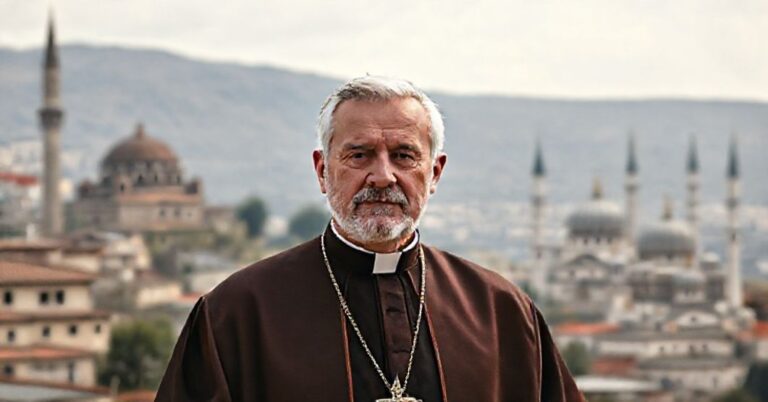 Portret Angelo Roncalliego (fałszywego papieża Jana XXIII) w tureckim krajobrazie, symbolizujący jego zdrady misji Kościoła.