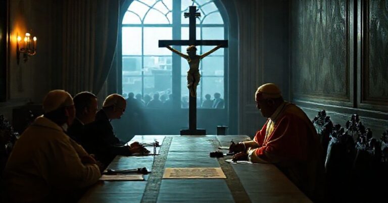 Obraz przedstawiający tradycyjne katolickie liturgiczne wnętrze z krzyżem i rozdanym dokumentem symbolizującym kolaborację z antychrześcijańskimi władzami