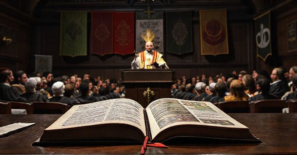 Symboliczne przedstawienie zdrady misji uniwersytetów katolickich przez modernistyczną edukację