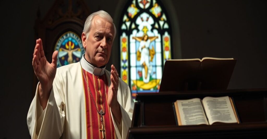 Ksiądz w tradycyjnych szatach liturgicznych przed spowiedzią w kościele, wygłaszający pouczenie o zdradzie jako grzechu śmiertelnym.