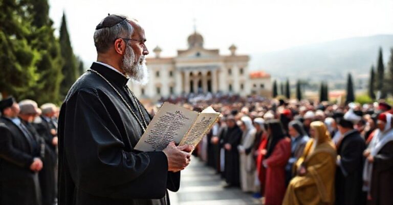 Sedevacantist ksiądz trzymający encyklikę 'Quas primas' w pałacu prezydenckim w Baabdzie, symbolizujący zdradę pokoju bez Chrystusa Króla
