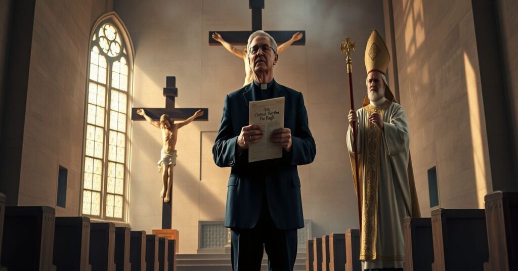 Scena katolicka przedstawiająca zdradę Społecznego Panowania Chrystusa Króla z senatorem Tedem Cruzem trzymającym herezyjski pamflet przed złamanym krzyżem w nowoczesnej sekularyzowanej kościele.