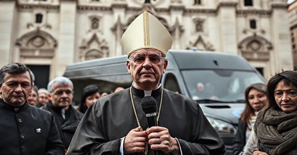 Portret "biskupa" Derio Olivero przed katedrą katolicką, otoczonego przez zaniepokojonych wiernych, z imamem Mohamedem Shahinem wychodzącym z wozu policyjnego na tle.