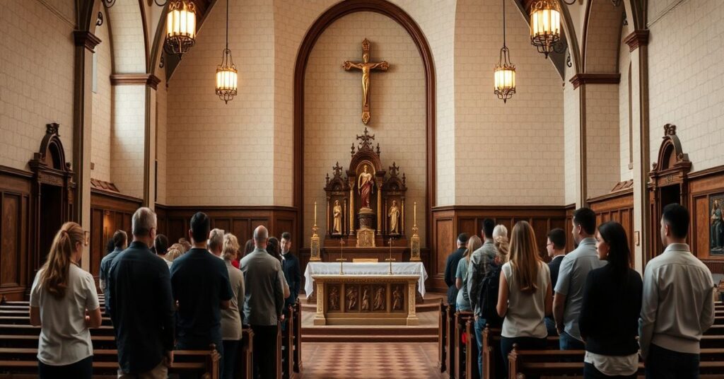 Wnętrze tradycyjnego kościoła z pustym ołtarzem otoczone przez grupę ludzi w współczesnym ubiorze kazualnym.