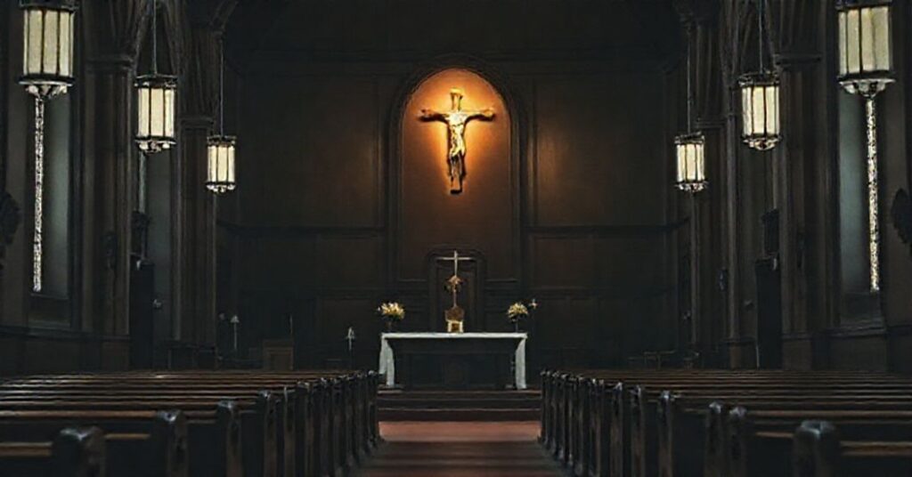 Wnętrze tradycyjnego kościoła katolickiego w Chicago z pustym ołtarzem i krzyżem, symbolizujący zdrady i zaniedbania przez nowożytną hierarchię kościelną w sprawie molestowania nieletnich przez duchownych Daniela Holihana i Johna Currana.