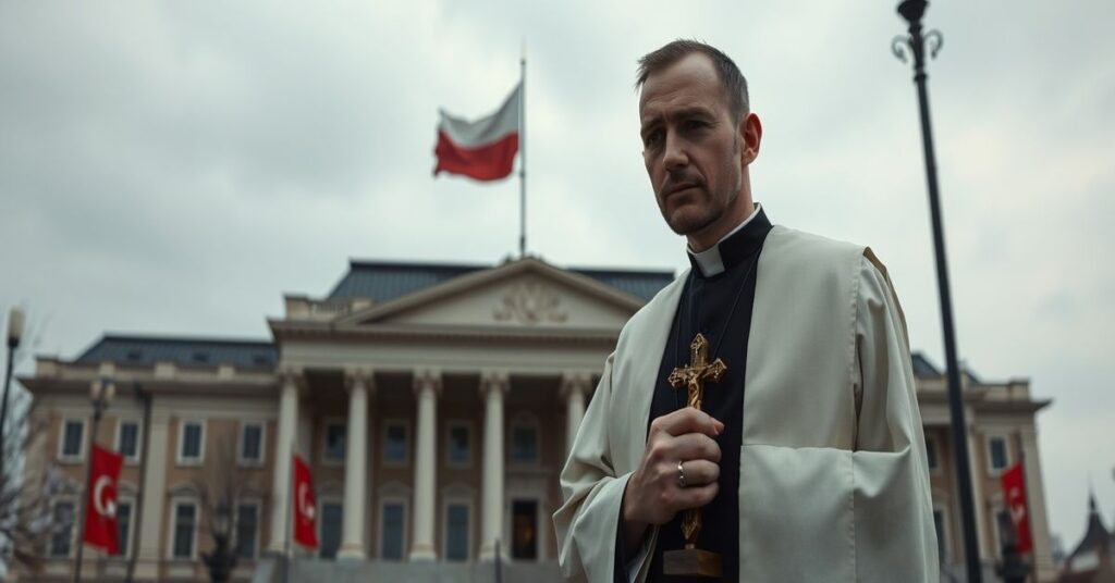 Katolicki kapłan w tradycyjnych szatach liturgicznych trzymający krzyż, stojący przed budynkiem Ministerstwa Obrony Narodowej z opuszczoną flagą polską.