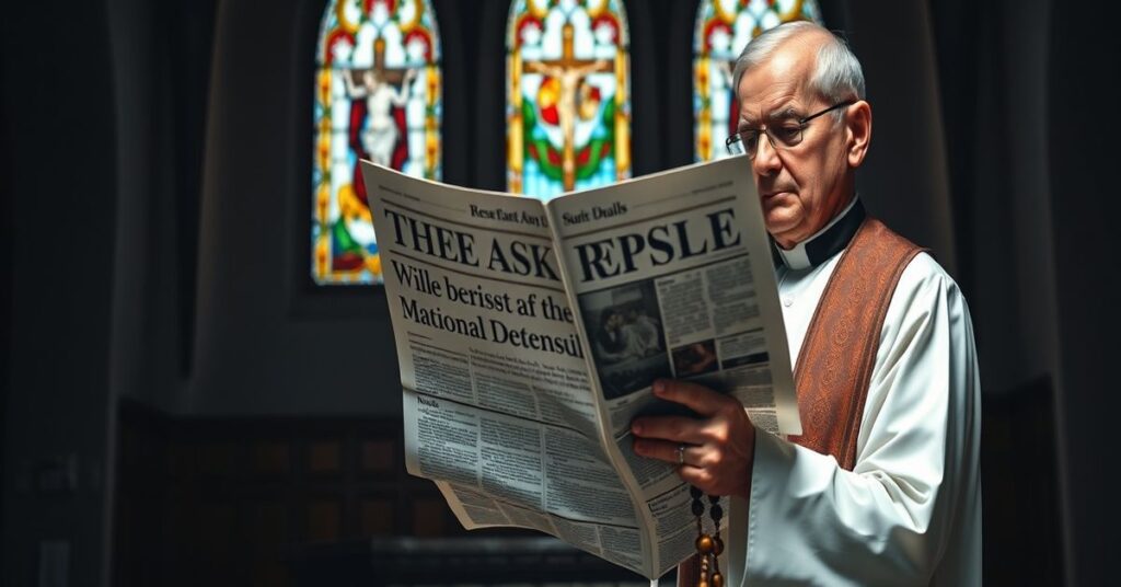 Ks. w tradycyjnym habitcie w kościele przy artykule o zdradzie w MON