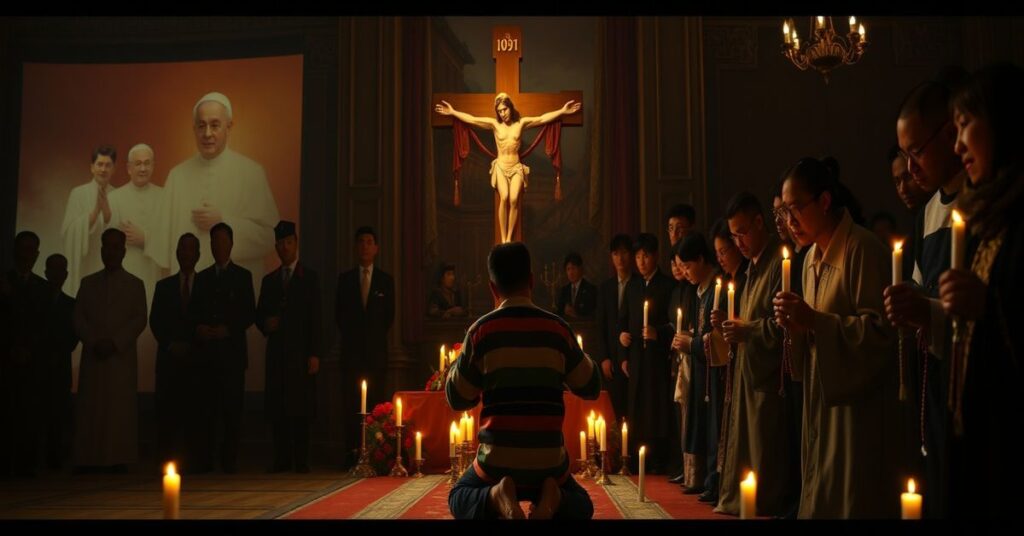 Zdjecie przedstawiaje Jimmy'ego Laia w więzieniu, otoczonego modlącymi się katolikami z różańcami i świecami.