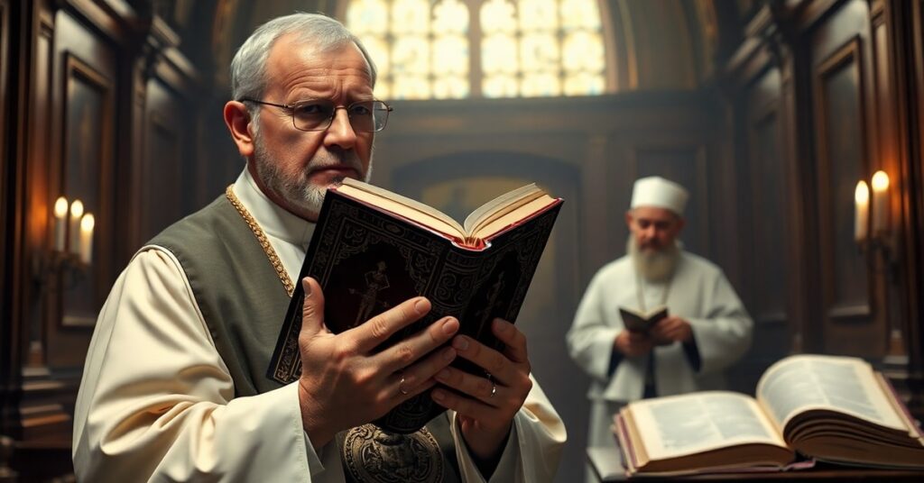 Katolicki kapłan w smutku przy starannie ozdobionym księdze z tytułem 'Magnifica humanitas', w tle rabin Abraham Skorka przy otwartym Talmudzie.