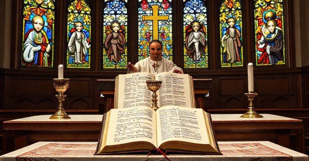 Ołtarz katolicki z Biblią otwartą na Symbole wiary Nicejsko-Konstantynopolitańskim, otoczony witrażami przedstawiającymi Ojców Kościoła, symbolizującym zdradę nauki Soboru Nicejskiego przez nowoczesny ekumenizm.