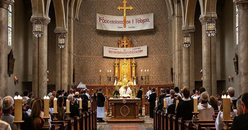 Wnętrze katolickiego kościoła podczas kontrowersyjnego wydarzenia 'Wspólna Radość Tory', gdzie własni duchowni uczestniczą w żydowskich obrzędach. Scena pełna jest smutku i rozgoryczenia wiernych przy świadku profanacji świętego miejsca.