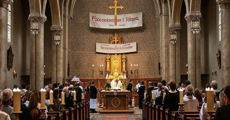 Wnętrze katolickiego kościoła podczas kontrowersyjnego wydarzenia 'Wspólna Radość Tory', gdzie własni duchowni uczestniczą w żydowskich obrzędach. Scena pełna jest smutku i rozgoryczenia wiernych przy świadku profanacji świętego miejsca.