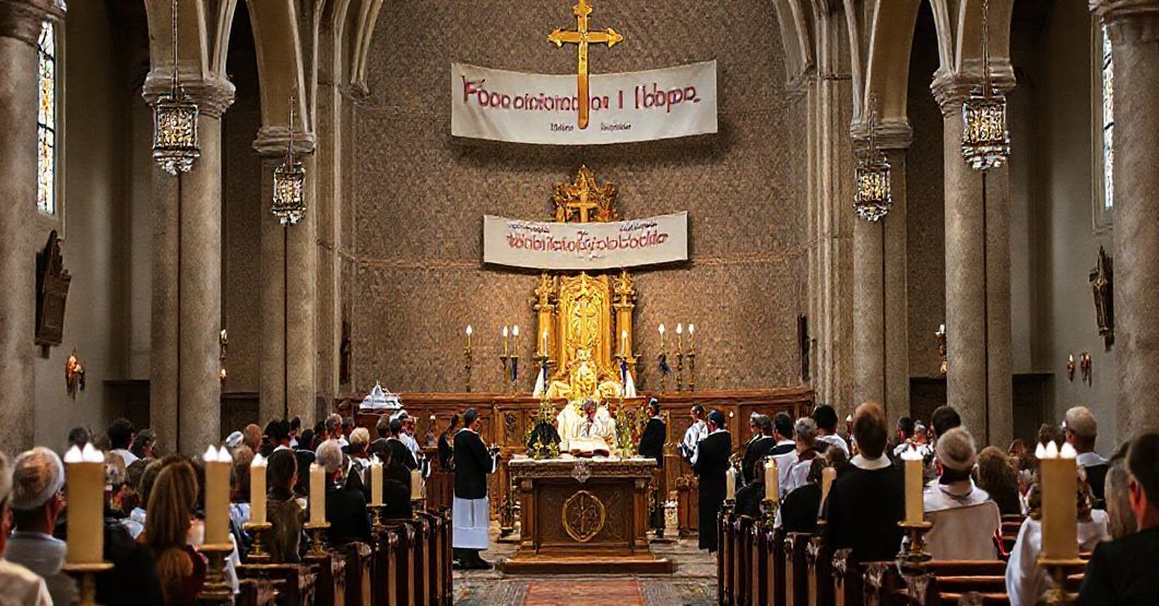 Wnętrze katolickiego kościoła podczas kontrowersyjnego wydarzenia 'Wspólna Radość Tory', gdzie własni duchowni uczestniczą w żydowskich obrzędach. Scena pełna jest smutku i rozgoryczenia wiernych przy świadku profanacji świętego miejsca.