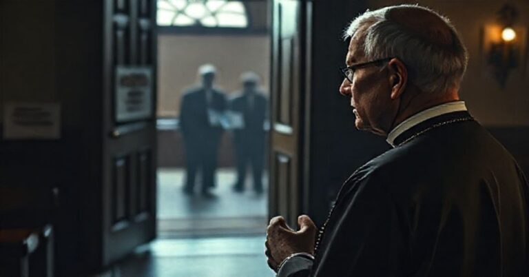 Ksiądz katolicki trzymający różaniec przed zamkniętymi drzwiami kościoła z umownym podpisem 'Zamknięte z powodu zdrowia publicznego', symbolizując naruszenie wolności religijnej podczas pandemii. W tle widoczne są cienie Ben Carsona i Anthony'ego Fauci w gabinecie rządowym otoczonych dokumentami o szczepieniach mRNA i politykach lockdownów.