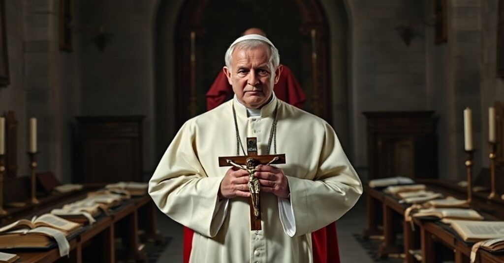 Prawdziwy kapłan katolicki w tradycyjnych szatach liturgicznych stoi przed zniszczonym dokumentem Nostra Aetate i trzyma krzyż, symbolizując zdradę chrześcijańskiej prawdy