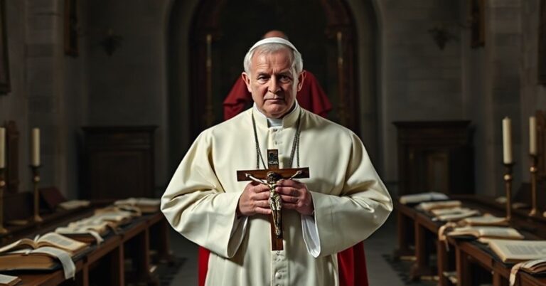 Prawdziwy kapłan katolicki w tradycyjnych szatach liturgicznych stoi przed zniszczonym dokumentem Nostra Aetate i trzyma krzyż, symbolizując zdradę chrześcijańskiej prawdy