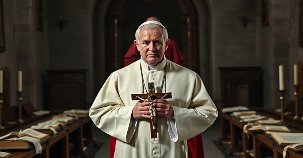 Prawdziwy kapłan katolicki w tradycyjnych szatach liturgicznych stoi przed zniszczonym dokumentem Nostra Aetate i trzyma krzyż, symbolizując zdradę chrześcijańskiej prawdy