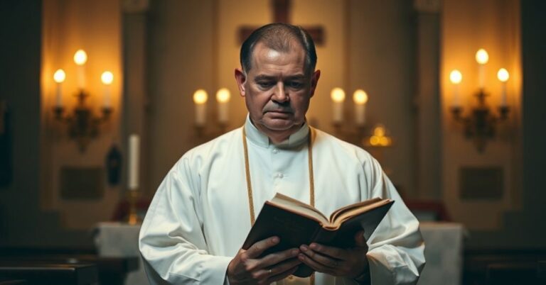 Solemnny katolicki ksiądz w tradycyjnych szatach liturgicznych stoi w ciemnym kościele, jego twarz oświetlona delikatnym blaskiem świecy. Trzyma zużyty modlitewnik, wyraz twarzy wyraża głęboką kontemplację i smutek. Za nim ołtarz ozdobiony jest tradycyjnymi symbolami katolickimi, w tym krzyżem i monstrancją z Najświętszym Sakramentem. Atmosfera jest poważna i pełna godności, odzwierciedlająca wagę tematu artykułu: zdradę wiary katolickiej przez tych, którzy współpracują z świeckimi władzami.
