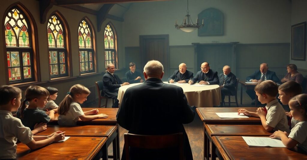 Tradycyjna katolicka klasa z dziećmi modlącymi różaniec pod przewodnictwem kapłana w sutannie, na tle modernistycznych biskupów podpisujących dokumenty z ministrem edukacji.