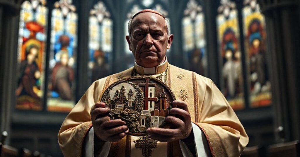 Biskup w tradycyjnych szatach kościelnych trzyma kontrowersyjny medal z chrześcijańsko-islamskimi symbolami w ciemnym kościele.