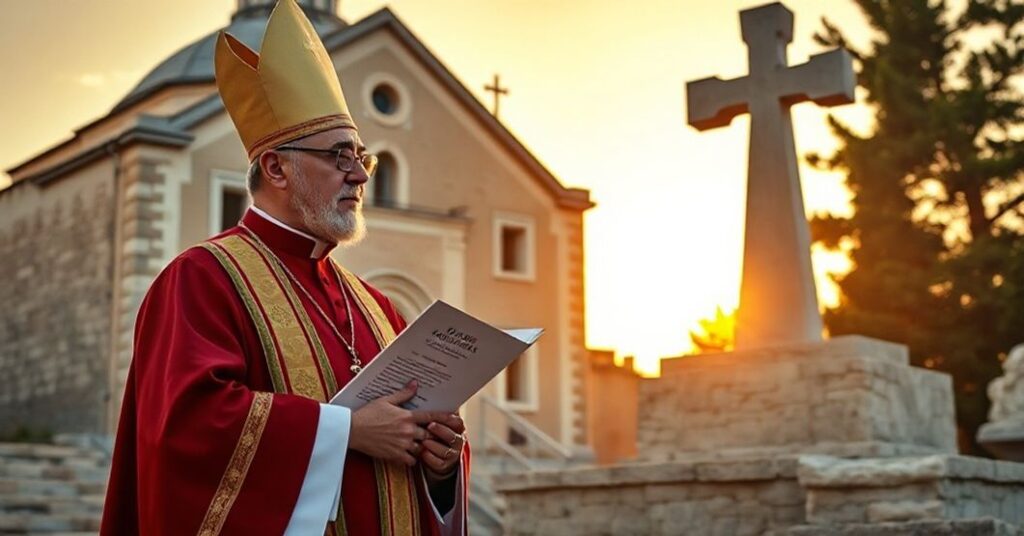 Katolicki ksiądz w tradycyjnych szatach stojący przed starożytnym kościołem bizantyńskim, patrząc na nowoczesny ekumeniczny pomnik z symbolami różnych religii. Scena jest oświetlona złotym światłem zachodu słońca, wywołując uczucie zdrady i smutku.