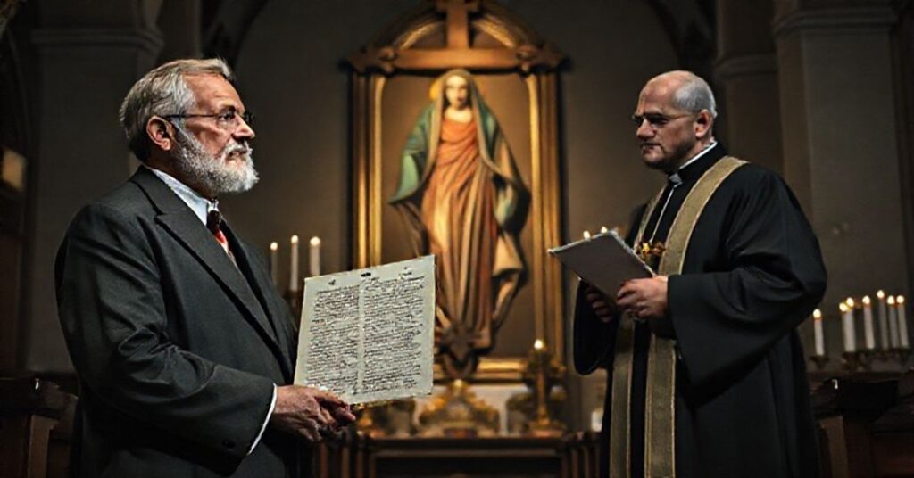 Tradycyjny teolog katolicki w patetycznej postawie z documentem w dłoniach patrzy z żałosnym wzrokiem jak nowoczesny "ksiądz" zmienia obraz Matki Bożej usuwając tytuł Współodkupicielki