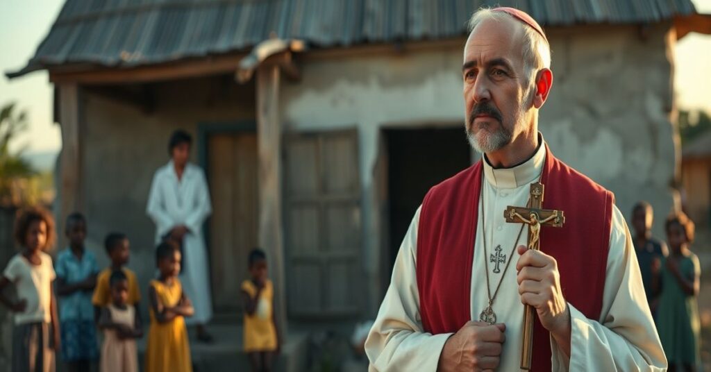 Tradycyjny katolicki ksiądz w szatach liturgicznych stoi przed misyjnym postojem w biednej lokalizacji, trzymając krzyż. Tło przedstawia nowoczesnych pracowników misyjnych rozdających żywność i budujących szkoły.