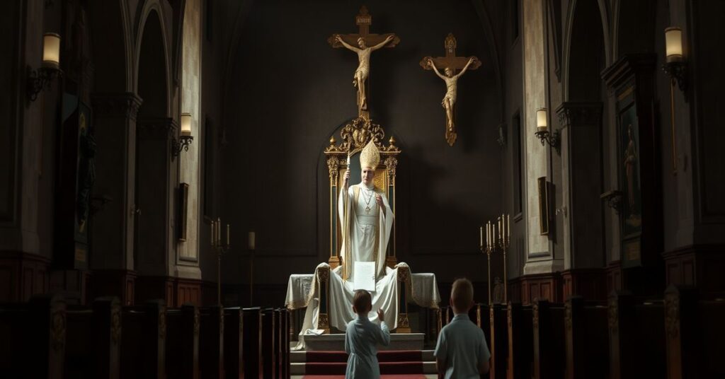 Pusty tron papieski w tradycyjnym kościele z cieniącą się postacią 'Papieża' Roberta Prevosta (Leon XIV) trzymającego dokument Komisji ds. Ochrony Małoletnich. Ołtarz ozdobiony naturalistyczną dekoracją zamiast ikonografii sakralnej.