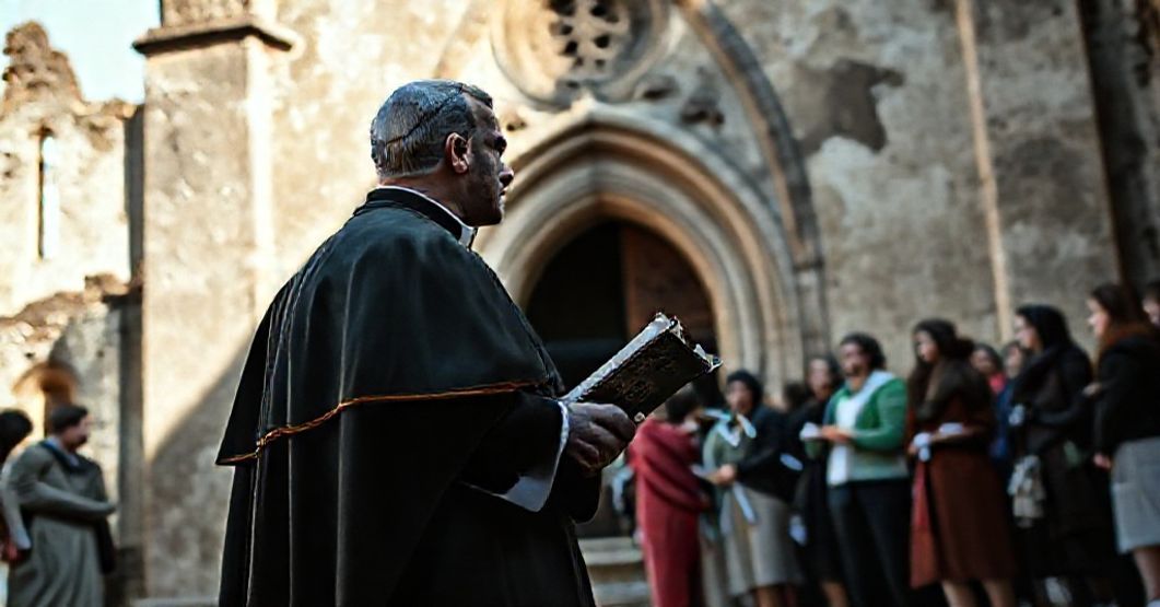 Stary kapłan w tradycyjnej pelerynie przed ruiną kościoła patrzy z troską na grupę aktywistów świeckich