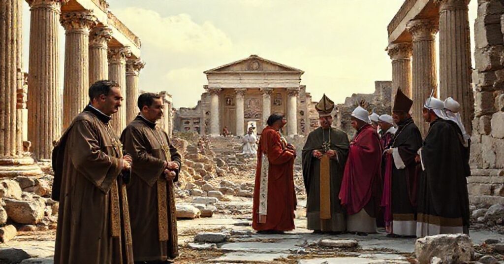 Grupa duchownych w tradycyjnych szatach stoi przed ruynami Nicei, wyrażając zmartwienie z powodu współczesnych kompromisów ekumenicznych.