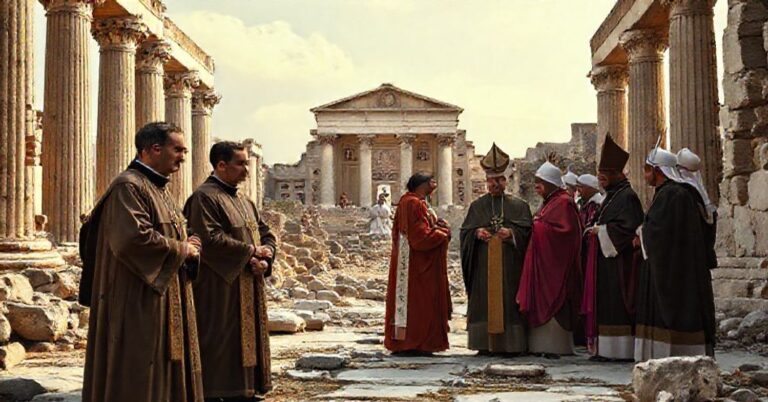Grupa duchownych w tradycyjnych szatach stoi przed ruynami Nicei, wyrażając zmartwienie z powodu współczesnych kompromisów ekumenicznych.