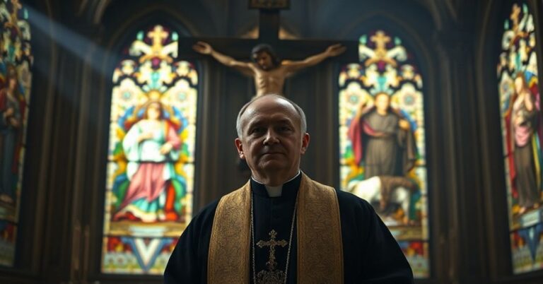 Ksiądz w tradycyjnych szatach stojący przed krucyfiksem w barokowej kaplicy.