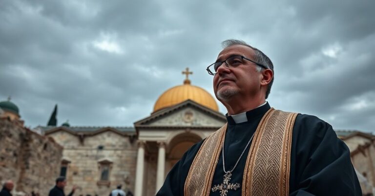 Ksiądz w tradycyjnych szatach kapłańskich stoi przed Grobem Świętym w Jerozolimie, wyraz twarzy pełen głębokiej troski o los Ziemi Świętej.