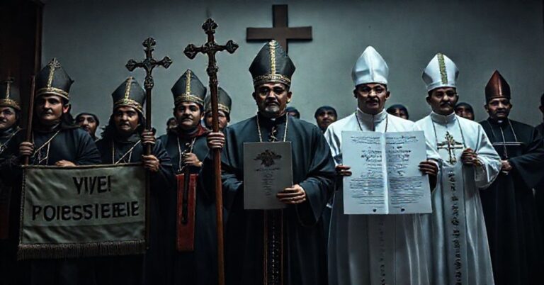 Scena przedstawiająca męczenników Cristero w tradycyjnych strojach przeciwko współczesnym "biskupom" neo-Kościoła w Meksyku w 2025 roku.