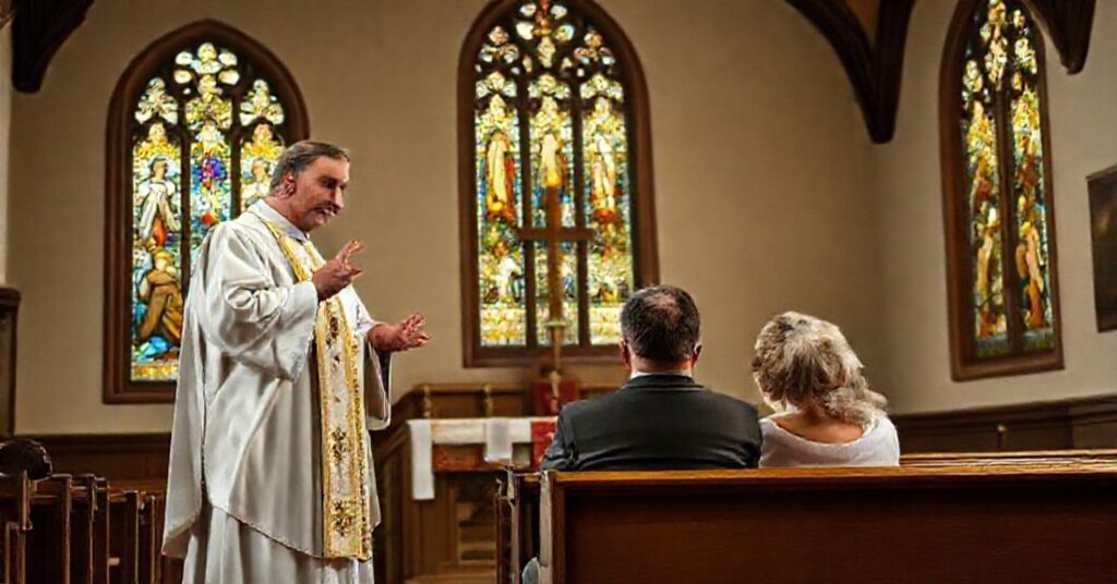Tradycyjny wnętrze kościoła z księży w szatach liturgicznych i zmartwioną parą małżeńską.