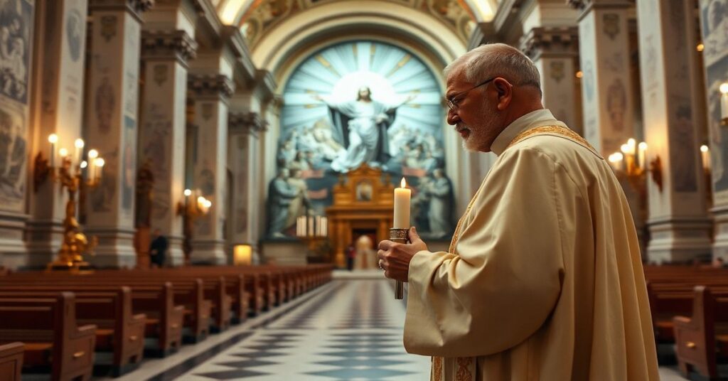Tradycyjny ksiądz w ornaty w okupowanej Bazylika św. Piotra podczas Wigilii Paschalnej, symbolizujący zdrady prawdziwej nauki katolickiej
