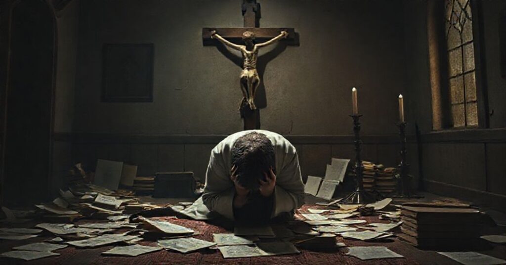 Tragiczny obraz zdrajcy przed krzyżem - symbolika grzechu i pokuty w tradycyjnym katolickim kontekście