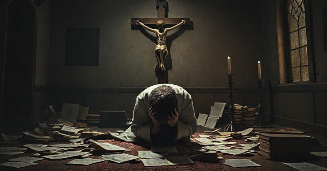 Tragiczny obraz zdrajcy przed krzyżem - symbolika grzechu i pokuty w tradycyjnym katolickim kontekście