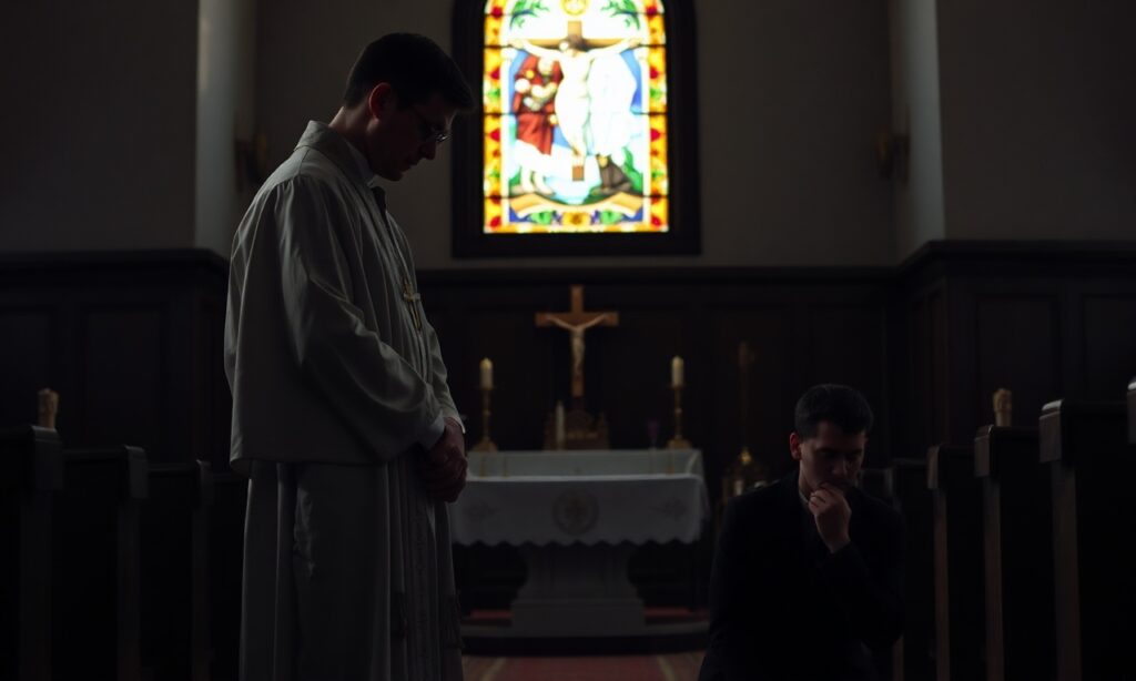 Scena w tradycyjnym kościele katolickim z księdzem i pokutnikiem w konfesjonale