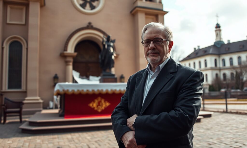 Portret Zdzisława Najdera przed kościołem z widokiem na burzące się budynek komunistyczny