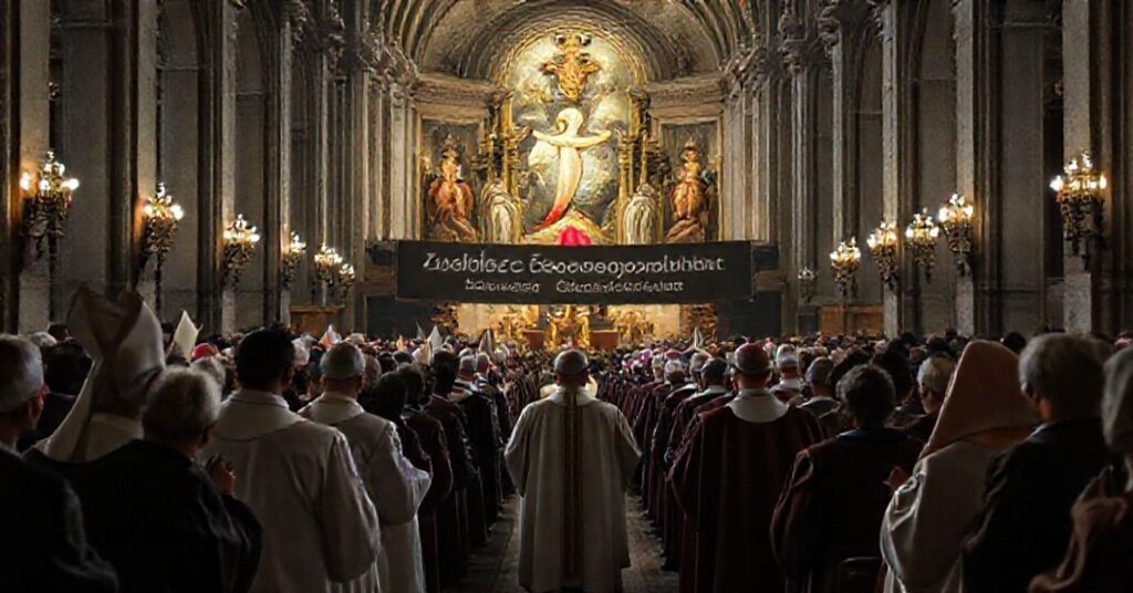Poważne zgromadzenie tradycyjnych katolików w katedrze z biskupami w liturgicznych szatach i zaniepokojonymi wiernymi. Scena odzwierciedla powagę i kryzys Kościoła.