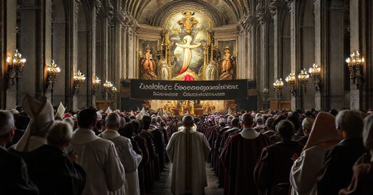 Poważne zgromadzenie tradycyjnych katolików w katedrze z biskupami w liturgicznych szatach i zaniepokojonymi wiernymi. Scena odzwierciedla powagę i kryzys Kościoła.