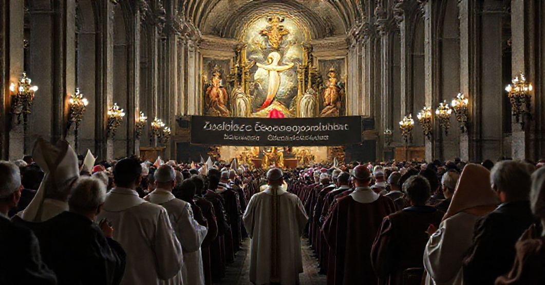 Poważne zgromadzenie tradycyjnych katolików w katedrze z biskupami w liturgicznych szatach i zaniepokojonymi wiernymi. Scena odzwierciedla powagę i kryzys Kościoła.