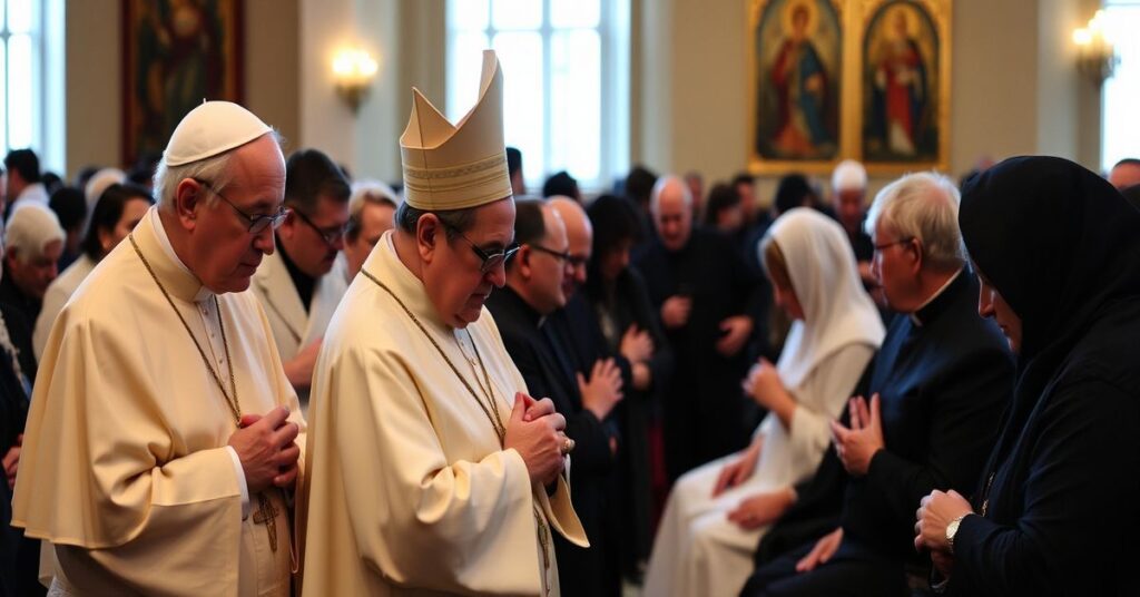 Tradycyjne katolickie zebranie modlitwowe w Kijowie z udziałem Caritas i duchownych. Scena podkreśla brak pokuty i nadprzyrodzonego wymiaru w współczesnej pomocy humanitarnej.